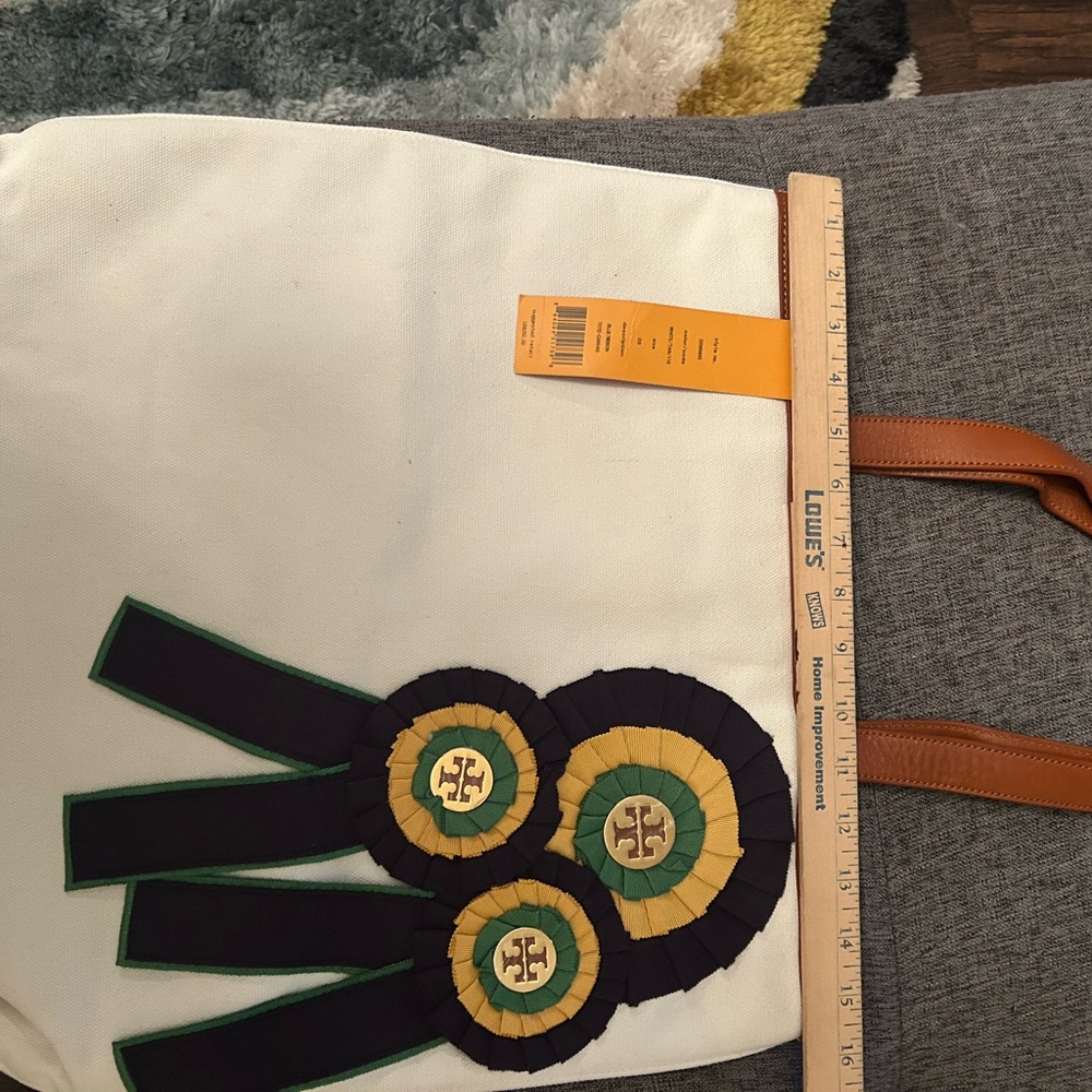 Stylish White and Brown Tory Burch Tote Bag with Ribbon Accents - Picture 3 of 4